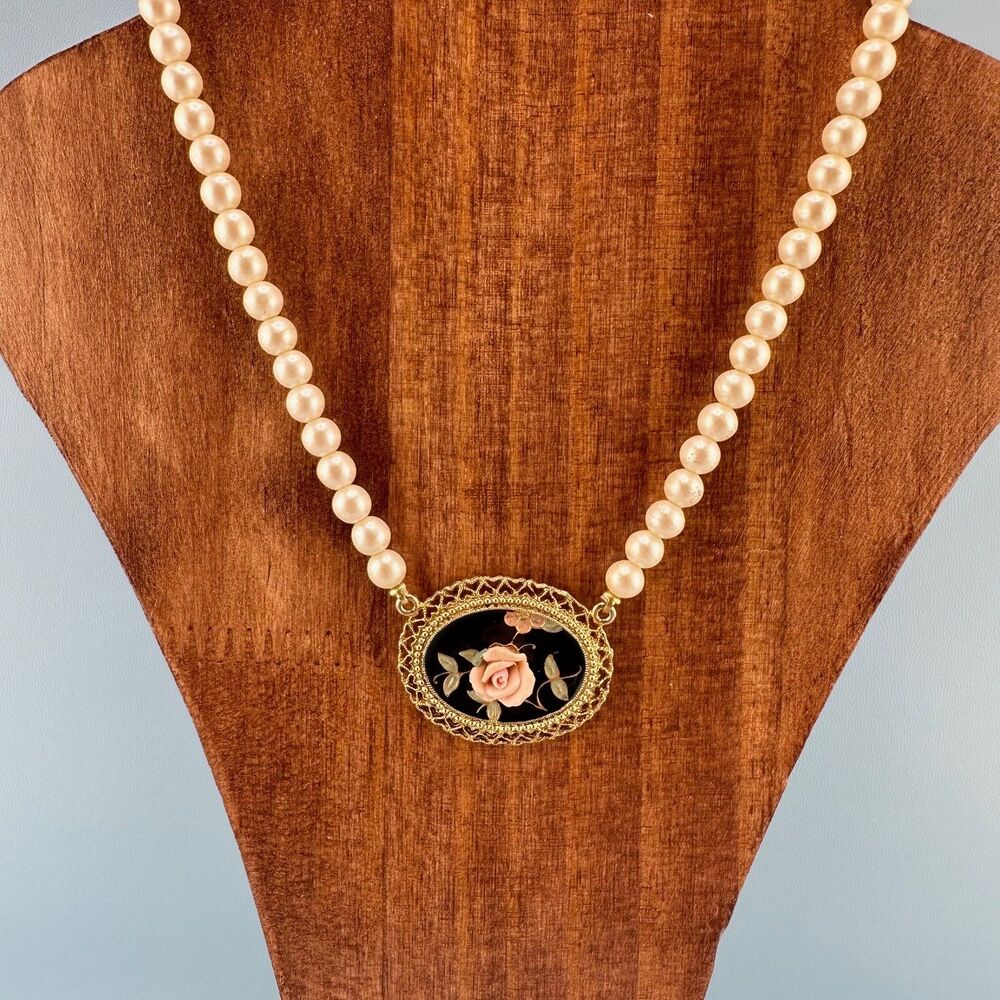 Vintage 1928 Porcelain Rose Station Pendant Necklace Faux Pearl Victorian Style - Picture 15 of 15
